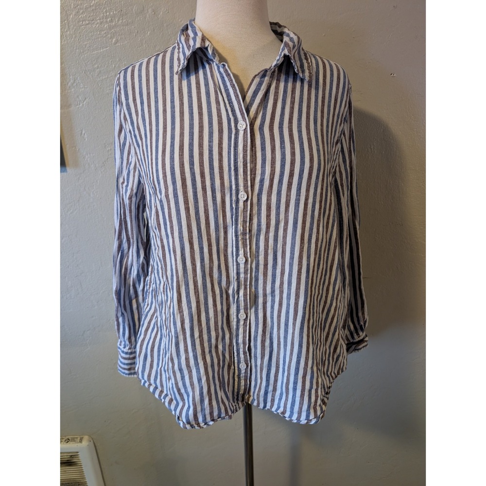 Lola River Striped Linen Blend Button Down Coastal New‎ England womens size L